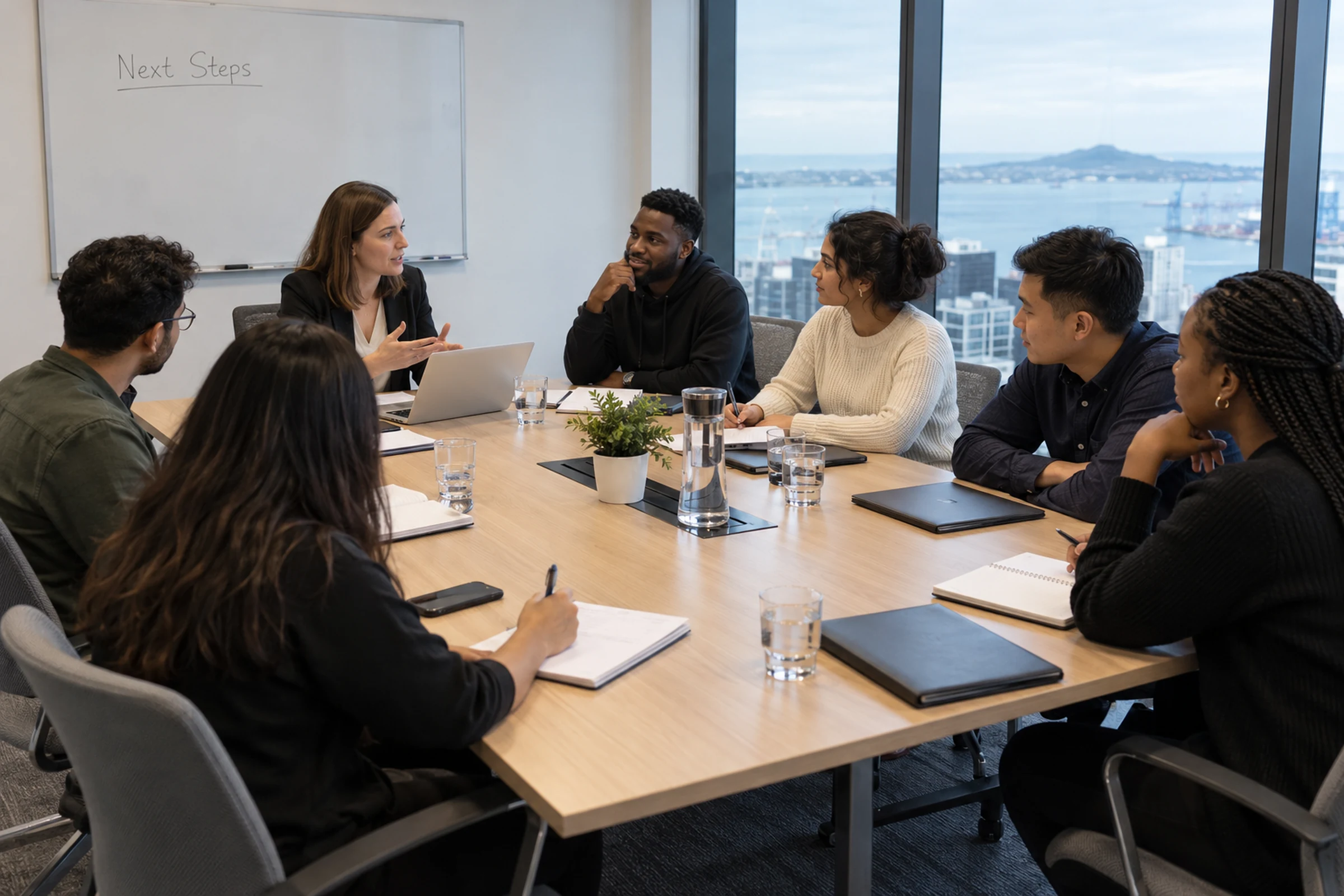 AI-generated illustrative scene of an informal recruitment information session with a small group of adults