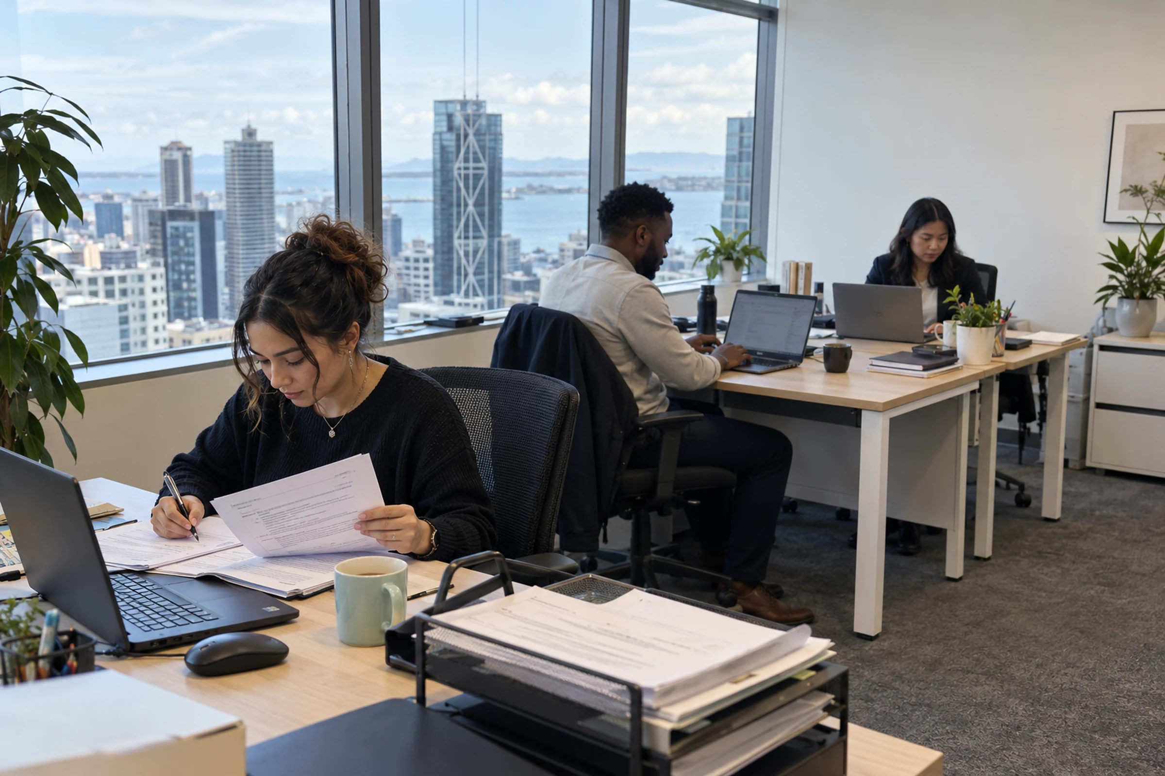 AI-generated illustrative scene of recruitment staff working at desks with laptops and paper files